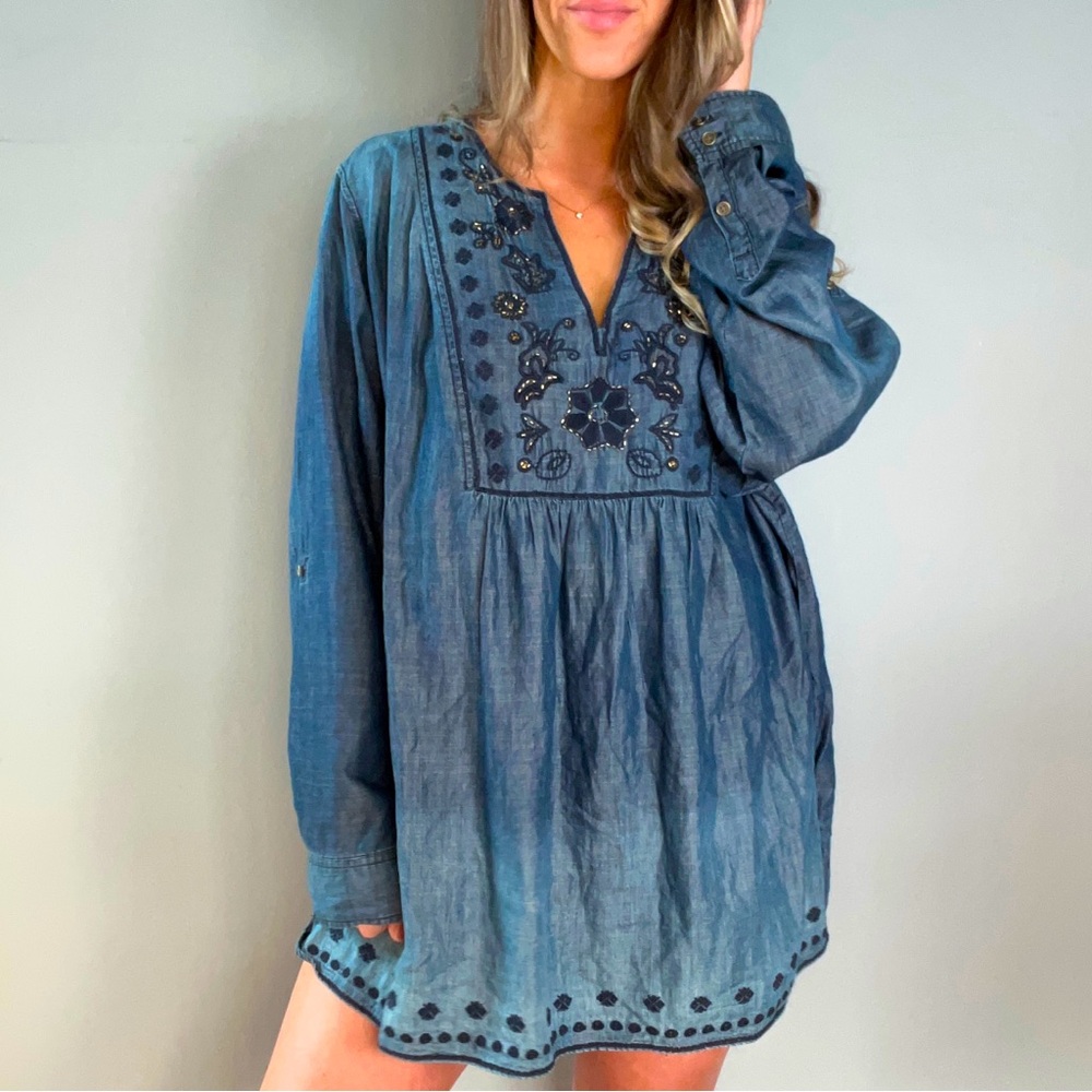 Gorgeous Vintage America Navy Blue with Embroidery and Gold Bead Blouse or Dress - Picture 5 of 11